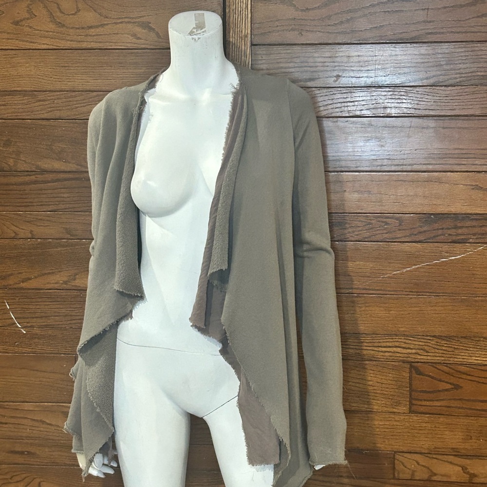 Tan Open Front Cardigan with Waterfall Hem